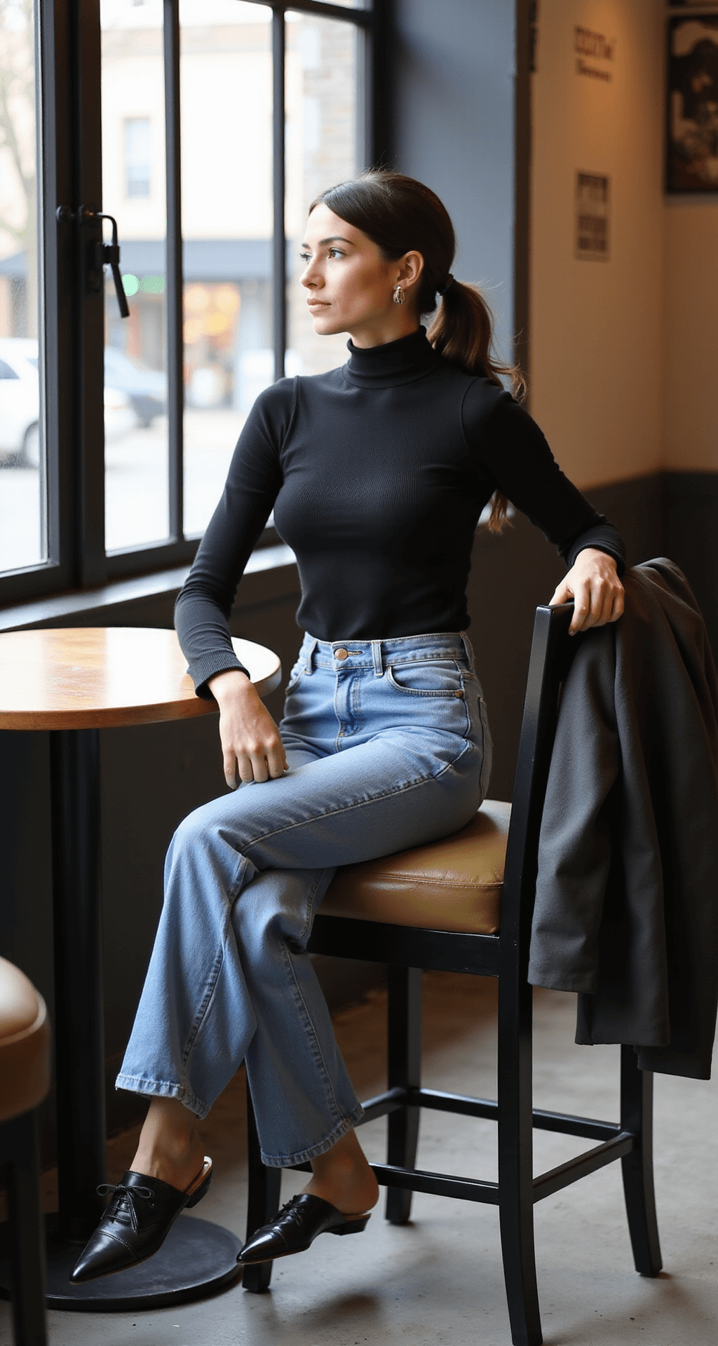 A woman in a fitted black turtleneck and vintage-wash mom jeans sits at a window bar in an industrial-chic cafe during lunch rush, with a structured blazer draped over the chair. Sunlight highlights her outfit as the soft focus background captures the lively cafe atmosphere.