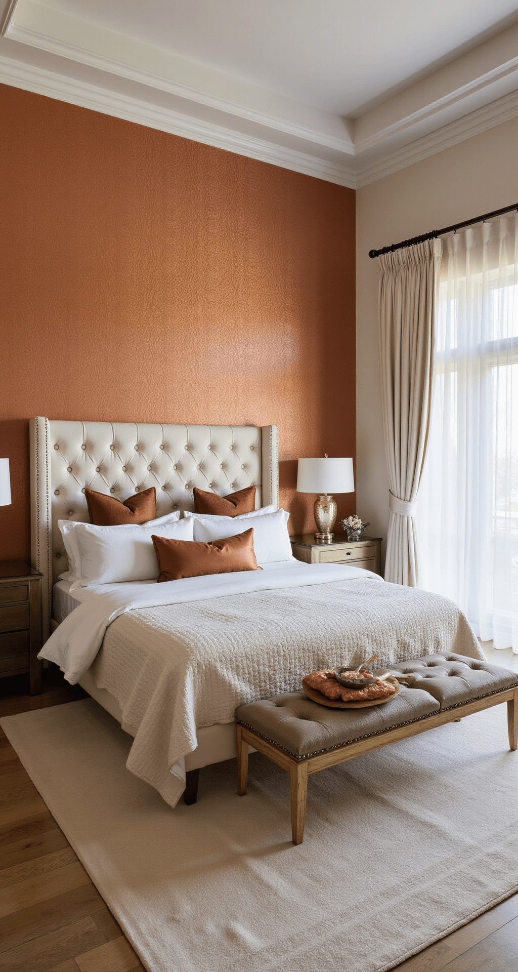 Luxe modern bedroom featuring burnt orange grasscloth wallpaper, a channel-tufted cream headboard, mixed brass and copper metallic accents, ivory silk drapes, and a plush cream carpet, all bathed in diffused midday light.