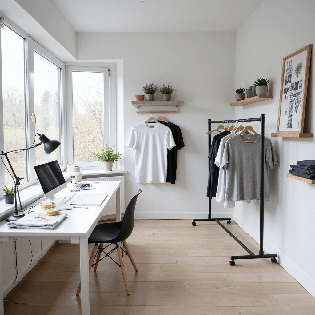 A minimalist Scandinavian-style home office featuring pale wood floors, white walls, a sleek white desk with organized craft supplies, floating shelves with upcycled t-shirt art and plants, a modern task lamp, and a clothing rack with transformed tees, captured in a high-angle shot.