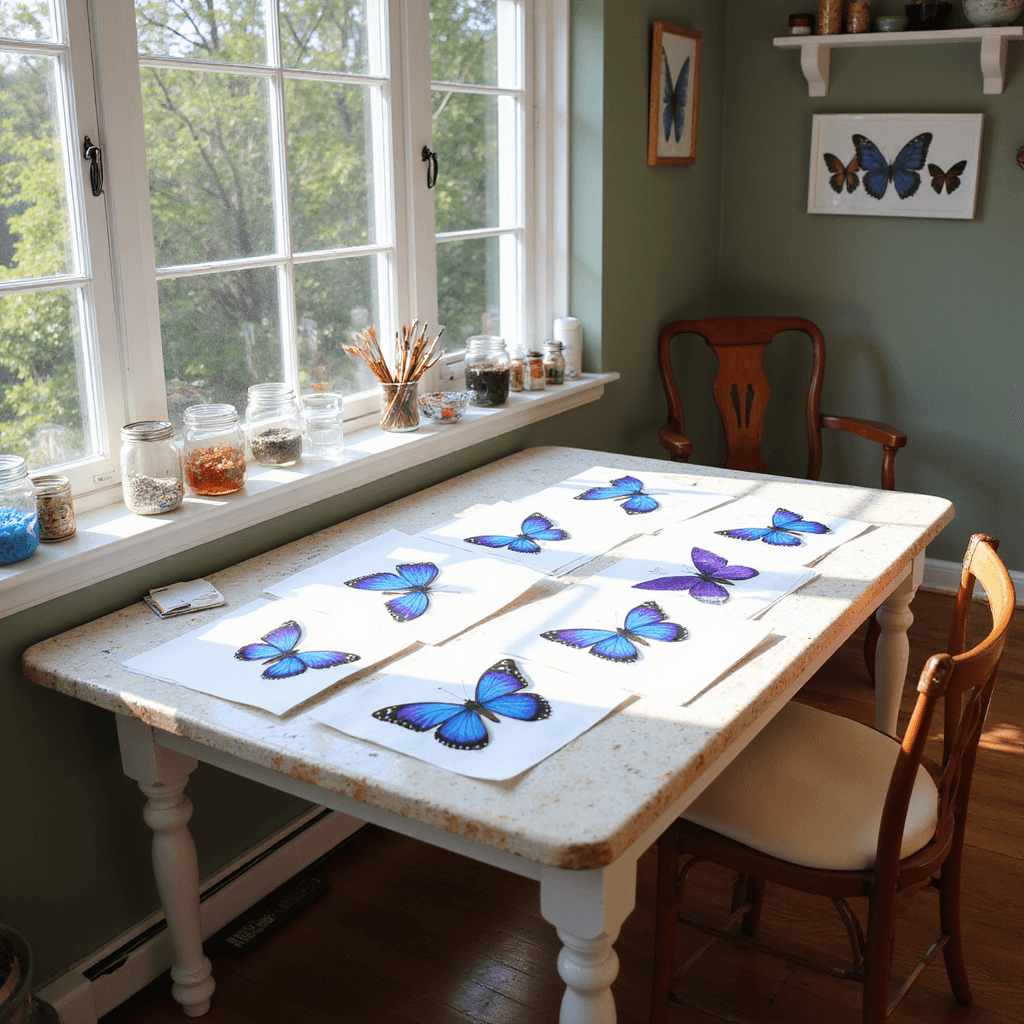 A bright and inviting craft room features large bay windows illuminating a white craft table covered with vibrant butterfly paintings in progress. Mason jars filled with art supplies and a vintage wooden chair add charm, while warm wooden floors and sage green walls create a cozy atmosphere. The composition is viewed from a slightly elevated angle, highlighting the interaction between paint and paper.