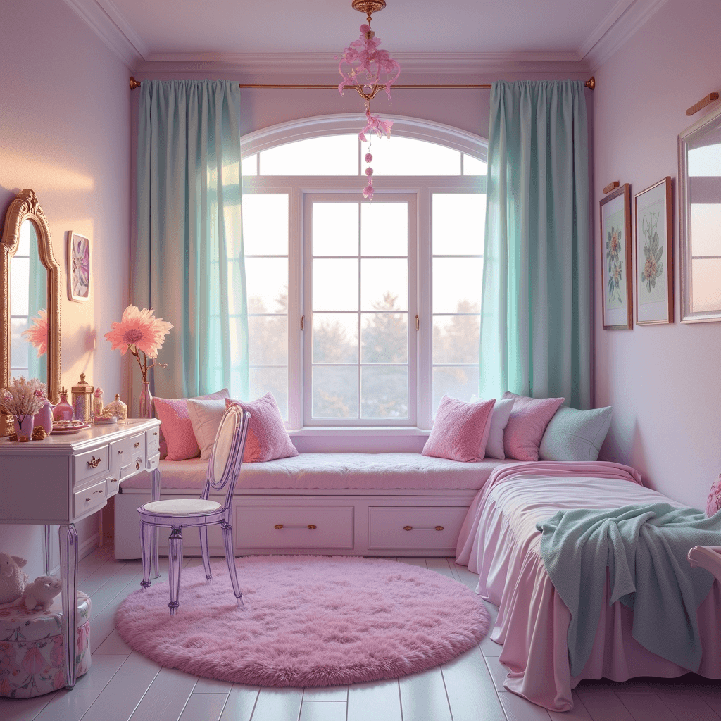 A dreamy 90s pastel bedroom featuring lavender, mint, and baby pink hues, with a large window seat adorned with fairy lights. Clear acrylic furniture contrasts plush velvet pillows and furry rugs, while a vintage vanity showcases butterfly clips and holographic accessories. Geometric vinyl decals decorate the walls, and soft morning light creates a bokeh effect that highlights the room's layers and textures.