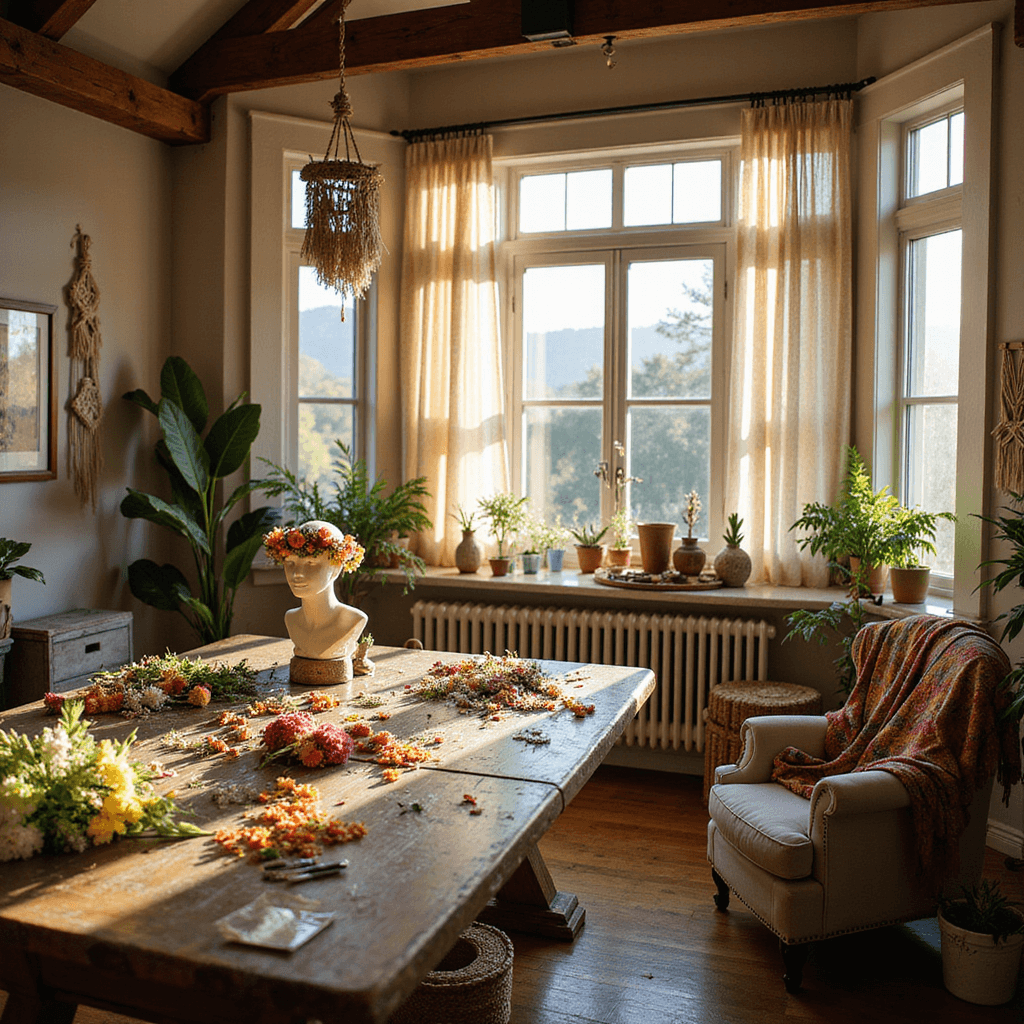 A bohemian-style bedroom with vaulted ceilings bathed in golden afternoon light, featuring a rustic worktable adorned with fresh and dried flowers, a vintage mannequin head displaying a flower crown, surrounded by potted plants and macramé decorations.