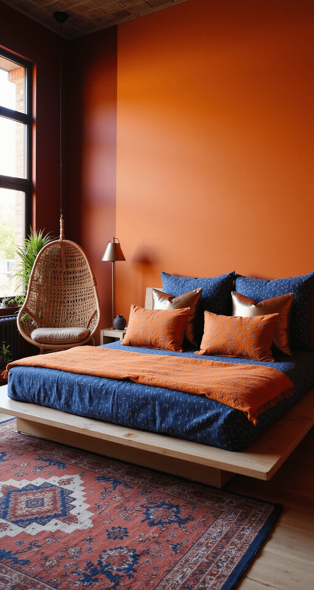 Eclectic global-inspired bedroom featuring a burnt orange ombré wall, low-profile platform bed with indigo mudcloth and orange block-print textiles, rattan hanging chair, layered vintage rugs, and sunset lighting showcasing vibrant colors and cultural decor.