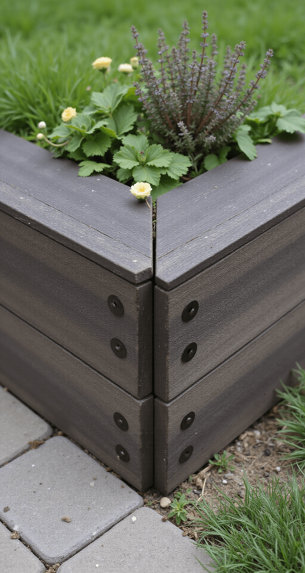 Close-up of a 90-degree corner joint made from three tiers of dark-treated pine sleepers, featuring mitered edges. Small alpine plants and trailing thyme grow between the levels, with weathered metal brackets visible. The image is sharply focused on the corner detail against a blurred background in overcast natural light.