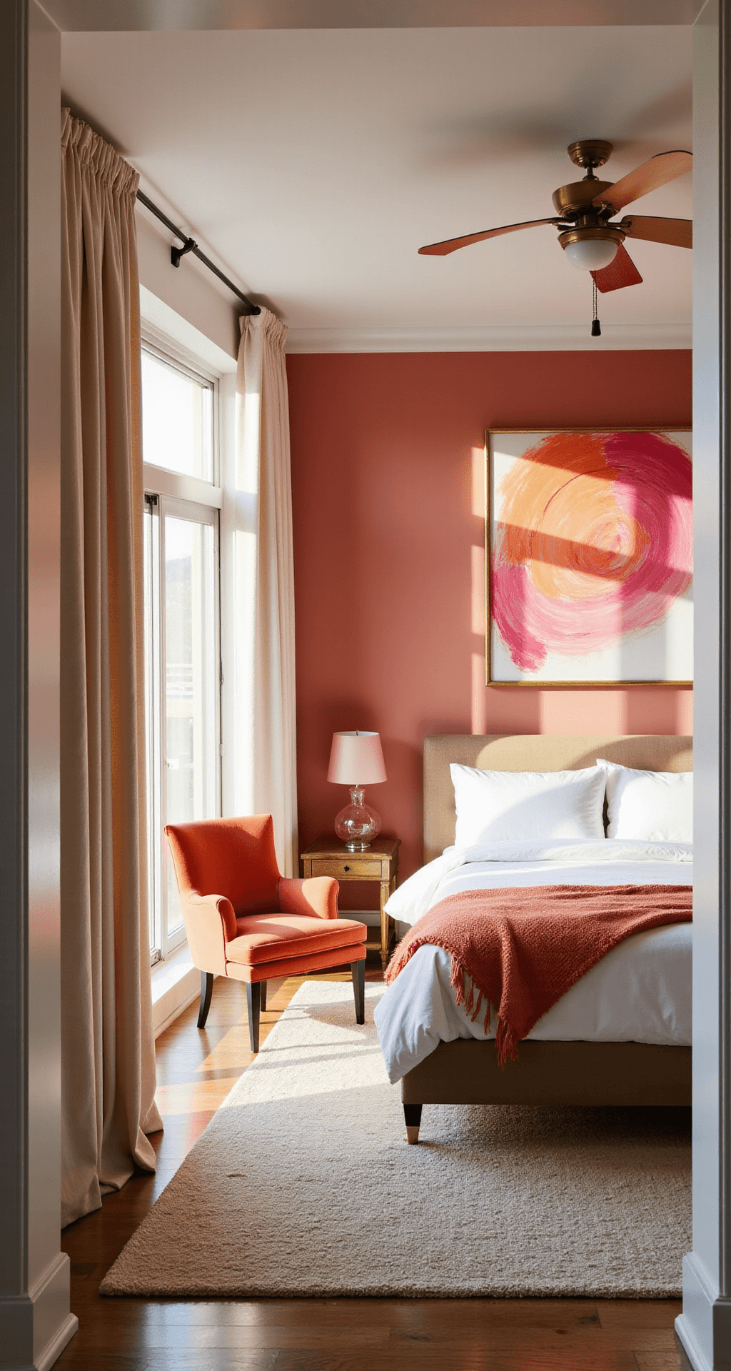 A contemporary bedroom featuring a 'Coral Reef' accent wall, a king-size bed with white linens and an ombré throw, brass side tables with pink lamps, a velvet orange armchair, oversized abstract art, and natural light streaming through floor-to-ceiling windows.