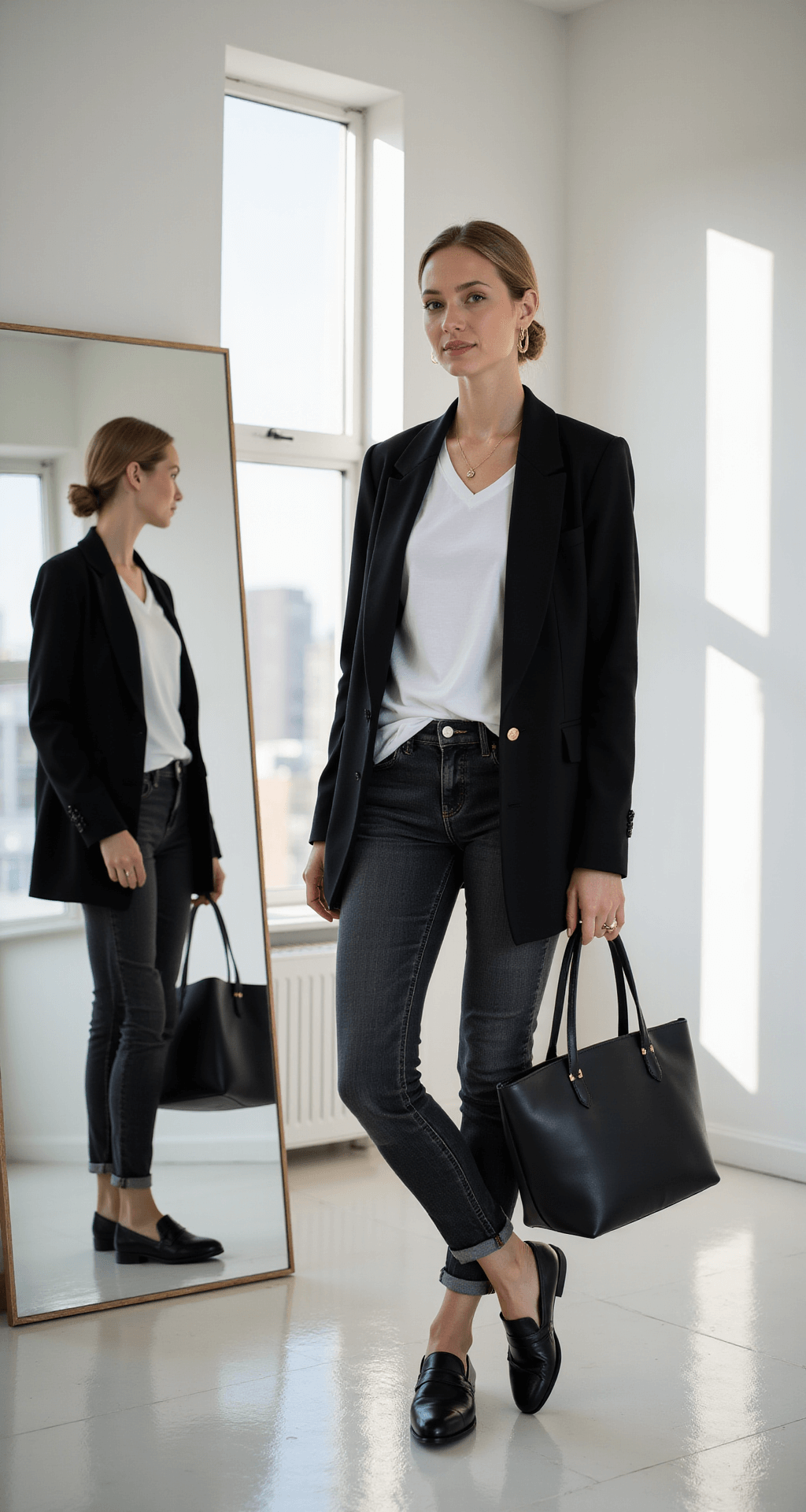 A fashion-forward woman in her 30s styles a black blazer over a white t-shirt and dark wash jeans in a sunlit minimalist studio apartment, with her outfit reflected in a full-length mirror. Natural makeup and a sleek low bun complement delicate gold jewelry, while a high-end leather tote and black loafers are visible in the foreground.