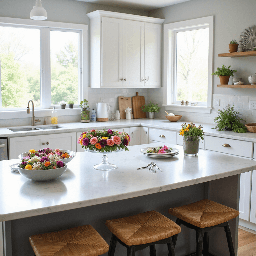 A bright modern kitchen with white cabinets and marble countertops, featuring a flower crown crafting station on a kitchen island, surrounded by bar stools. Morning sunlight illuminates the workspace filled with fresh flowers, floral wire, and a completed crown on a glass cake stand.