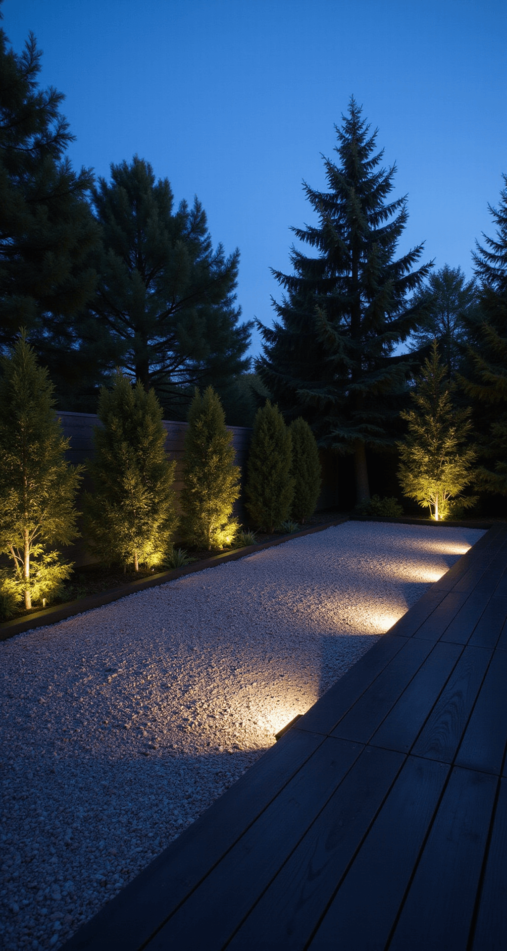 Dramatic dusk view of a minimalist garden featuring black-stained sleepers in geometric patterns surrounding a zen gravel area, softly illuminated by LED uplighting against a twilight sky.