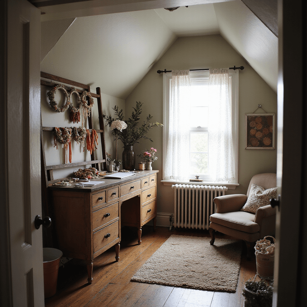 A cozy attic craft room with slanted ceilings and a dormer window, featuring a vintage dresser as a crafting station covered in dried flowers, ribbons, and floral tape. Half-finished flower crowns hang from a shelf above. The warm, muted color palette and soft afternoon light filtering through lace curtains create a nostalgic atmosphere.