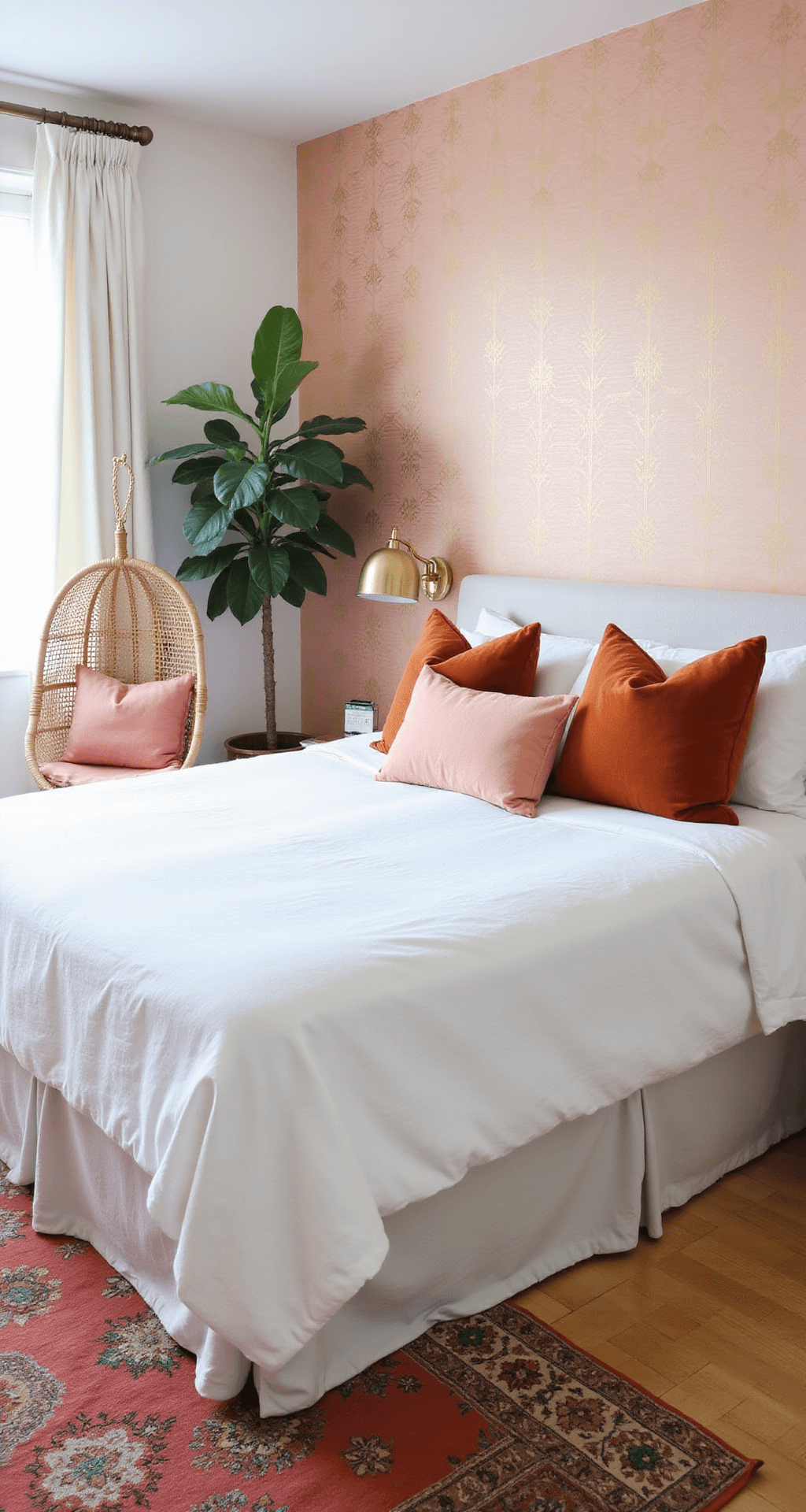 Mid-century modern bedroom featuring blush pink wallpaper with geometric gold pattern, a queen bed dressed in white with terracotta and peach pillows, a rattan hanging chair, brass floor lamp, morning light through sheer curtains, fiddle leaf fig, and white oak flooring with a coral-toned vintage Persian rug.