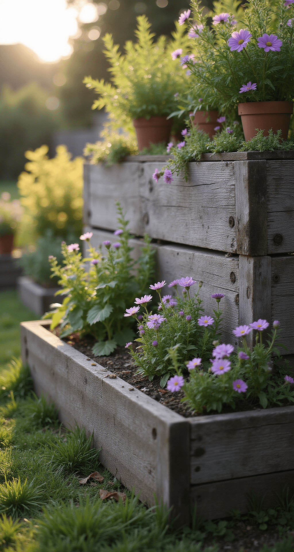 A close-up of weathered oak sleepers forming rustic raised garden beds, filled with cottage perennials and dewy cobwebs, illuminated by soft morning light that highlights the wood texture against a blurred background.