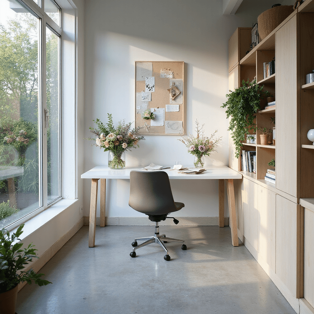 Airy minimalist home office with floor-to-ceiling windows overlooking a lush garden, featuring a sleek white desk for flower crown crafting, glass vases of fresh flowers, delicate tools, and a mood board. The polished concrete floor reflects early evening light, while a modern ergonomic chair and simple bookshelf complete the serene space in white and green tones.