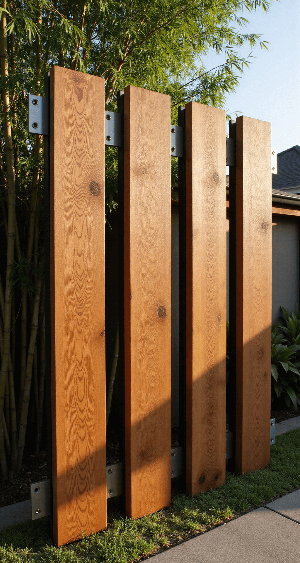Architectural detail of three upright 8ft wooden sleepers forming a sculptural screen, secured with steel brackets, set against bamboo plants in late afternoon light; strong side-lighting accentuates the wood grain and casts dramatic shadows, highlighting an industrial and organic contrast.