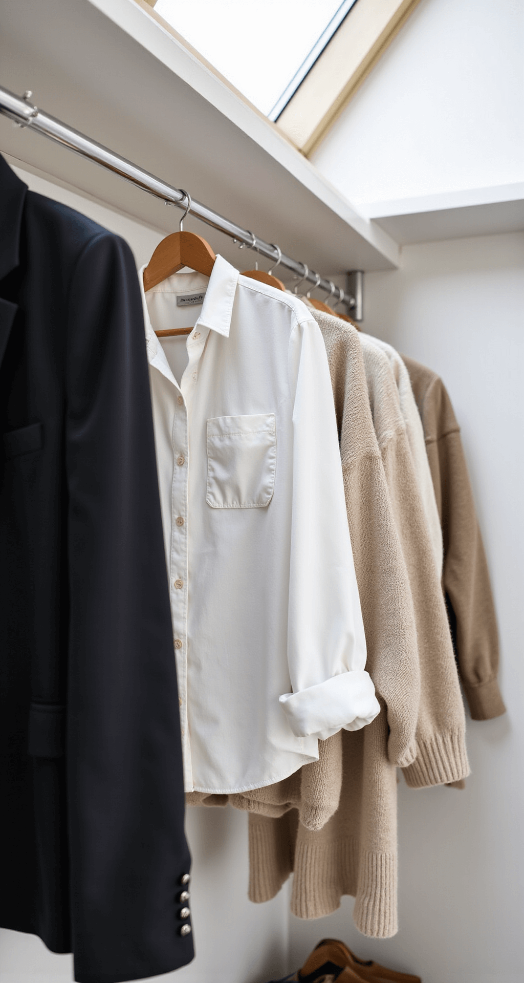 Close-up detail of a bright, organized walk-in closet showcasing neutral basics like white button-downs, beige knits, and black blazers on wooden hangers, with a focus on fabric textures illuminated by natural daylight from a skylight.