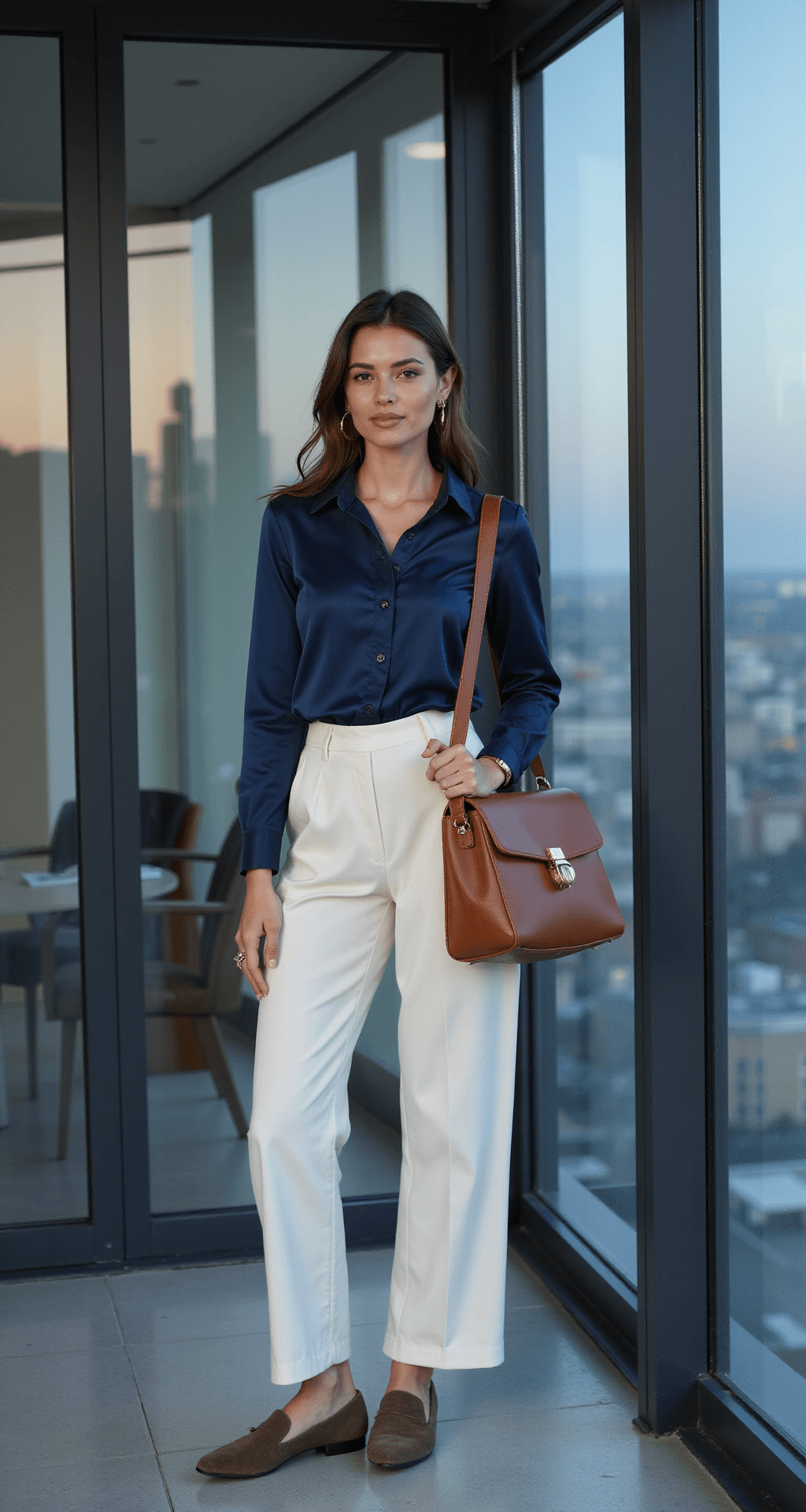 Professional woman in a modern office with glass walls, wearing cream wide-leg trousers, a navy silk blouse, and taupe suede loafers, accompanied by subtle gold accessories and a cognac brown leather laptop bag, set against a city view during blue hour.