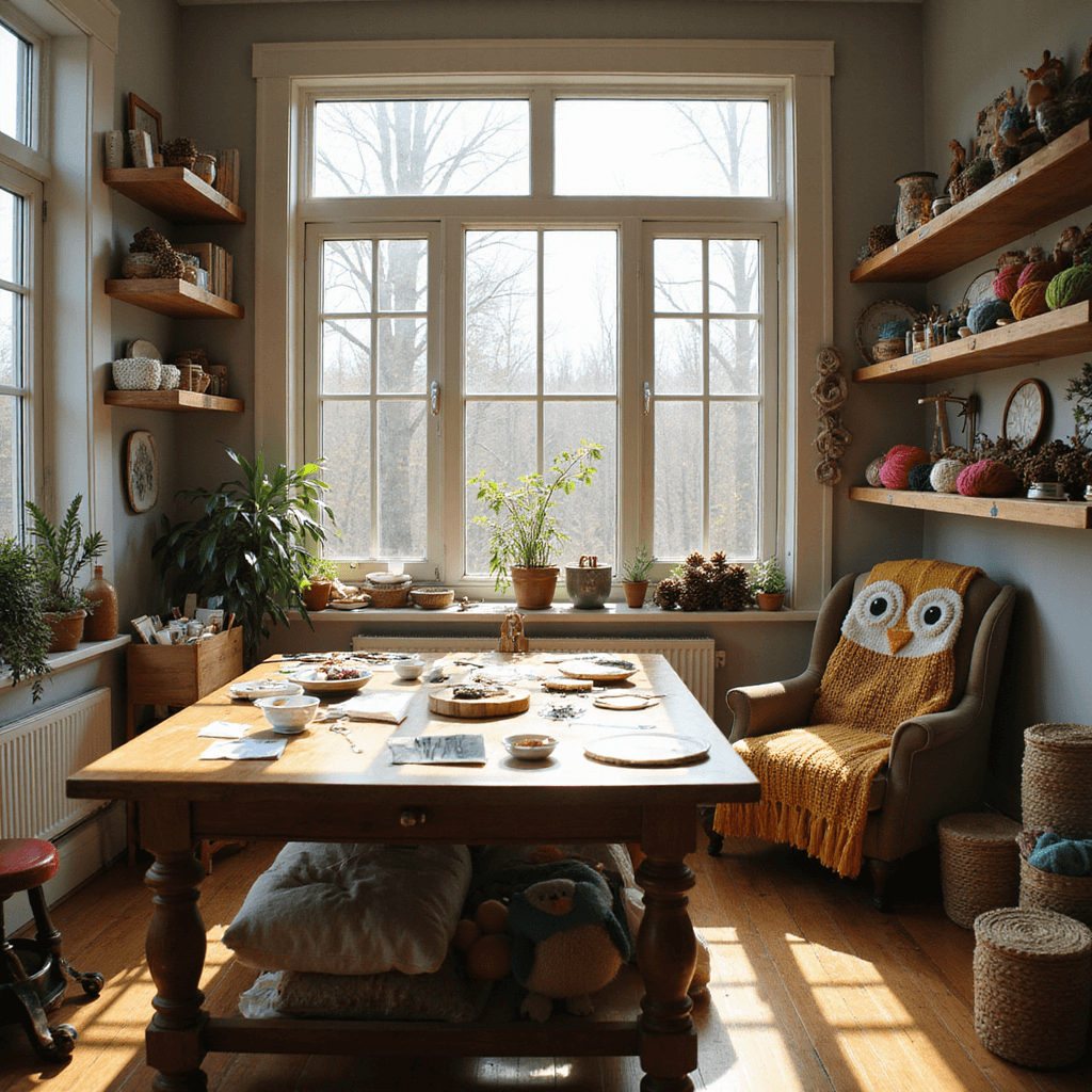 A cozy craft room filled with sunlight, featuring a wooden worktable covered in owl-themed supplies, shelves with colorful yarn and pine cones, a comfortable armchair with a knitted owl blanket, and warm neutral tones accented with forest green and mustard yellow.