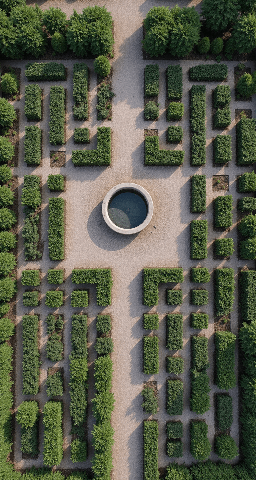 Overhead view of a symmetrically designed formal garden with raised sleeper borders, featuring a central water feature, surrounded by green plants and grey gravel paths, all illuminated by the evening light casting long shadows.