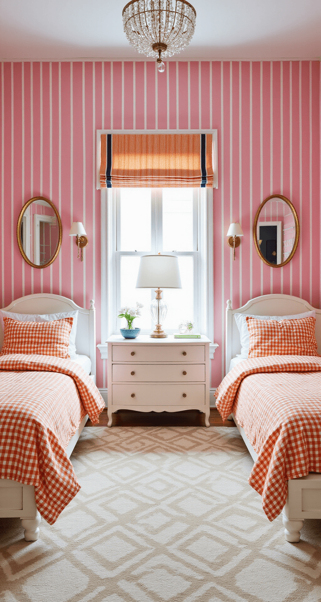 A bright and cheerful preppy bedroom featuring twin beds with white headboards and orange and white gingham bedding, gold-framed mirrors, white lacquered desks with lucite chairs, and pink grasscloth bulletin boards, all against bubblegum pink vertical striped wallpaper, with navy and orange striped roman shades, a geometric white and gold carpet, and a sparkling crystal chandelier.