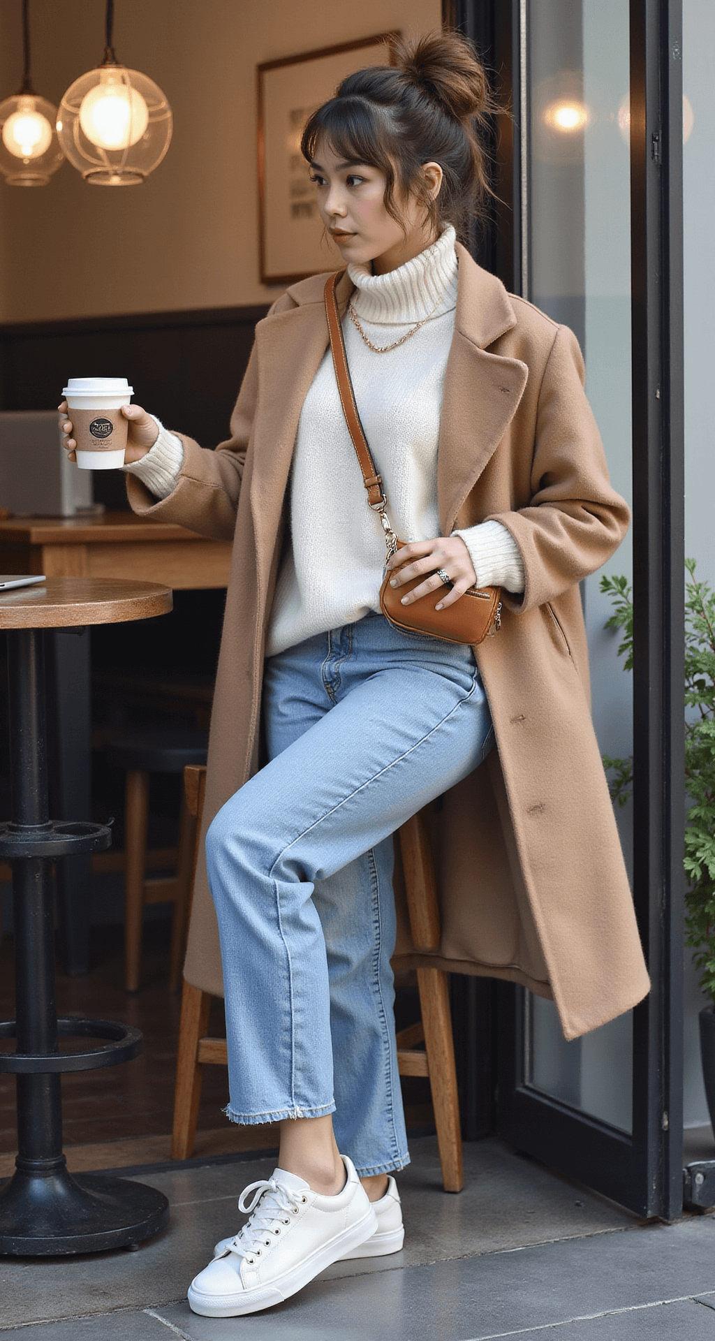 A woman in premium light wash mom jeans and an oversized cream cashmere sweater sits at a cozy cafe table in early morning light, a camel wool coat draped over her shoulders. She wears white leather sneakers and has her hair in a messy-chic bun, accessorized with minimal jewelry and a small tan leather crossbody bag, as she sips coffee next to her laptop, embodying a casual elegant vibe.