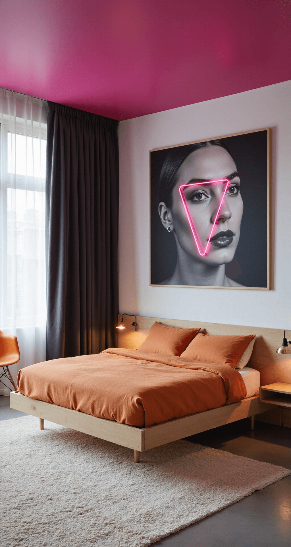 Modern minimalist bedroom featuring a dramatic hot pink ceiling, white oak platform bed with orange linen bedding, and floor-to-ceiling windows with charcoal blackout curtains. The space includes oversized black and white photography, a pink neon art installation, concrete floors with a high-pile cream rug, minimal brass sconces, and an orange Eames lounge chair.