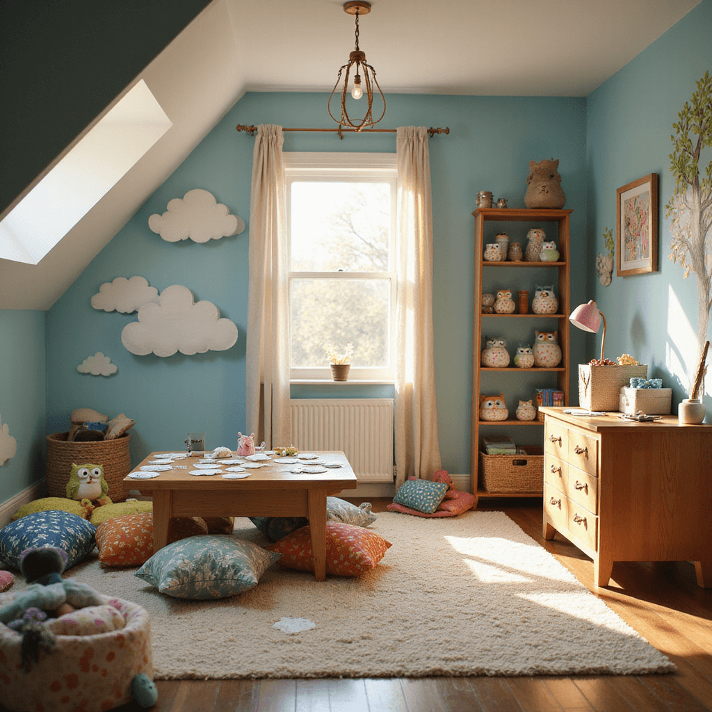 A cozy children's bedroom featuring slanted ceilings, warm afternoon light, and a craft area near the window with a low table and colorful floor cushions. The table is filled with paper plate owl crafts, while soft sky blue walls showcase cloud-shaped shelves displaying completed creations. A whimsical tree-shaped bookcase holds craft supplies, all captured from a slightly elevated angle to highlight the creative chaos.