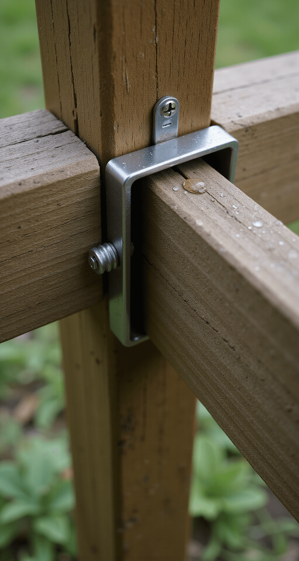 Intimate macro shot of a metal bracket and screw fixing two pressure-treated sleepers, showcasing morning dew drops on the wood surface, with subtle green tones illuminated by indirect natural light.