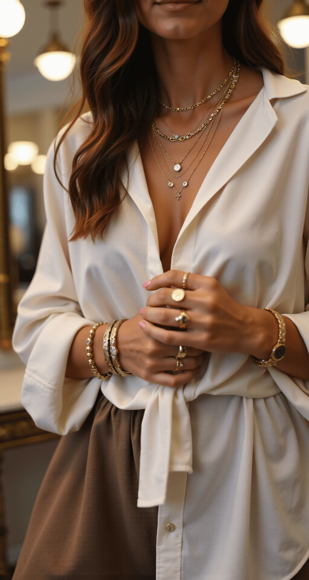 A well-lit boutique dressing room featuring a mirror shot of layered jewelry, including delicate gold necklaces, minimal rings, and a classic watch. The focus is on a wrist stack of mixed metal bracelets peeking from a silk blouse cuff, highlighting the texture and interplay of light on the metallic surfaces.