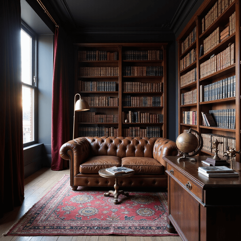 A moody library study with dark academic aesthetics, featuring floor-to-ceiling mahogany bookshelves and a vintage brown Chesterfield sofa, illuminated by golden hour light through burgundy velvet drapes, showcasing antique globes and brass instruments on a walnut desk.