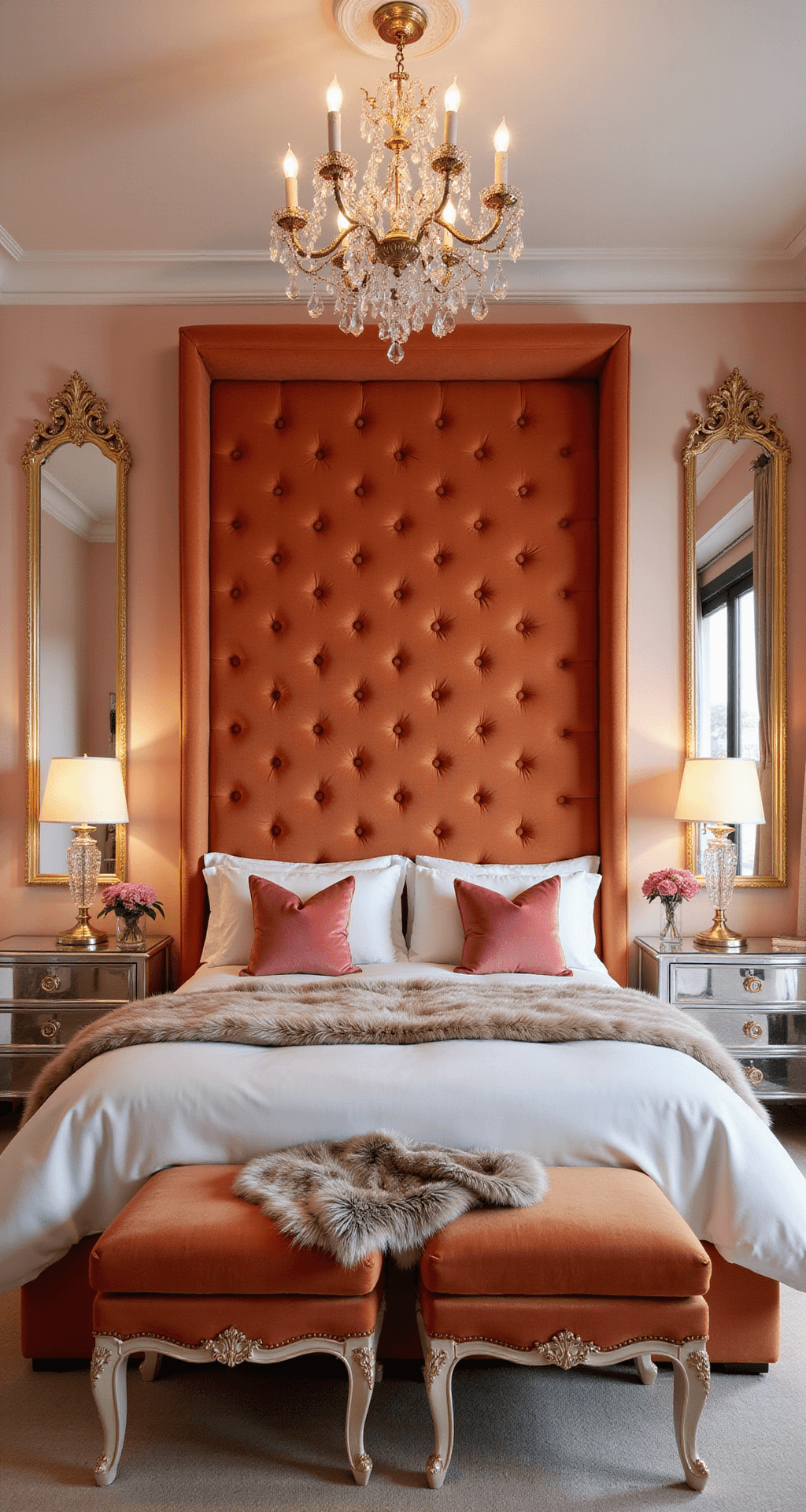 Luxe glam bedroom featuring pale pink walls, an orange velvet tufted headboard, a crystal chandelier over a king bed with silk bedding and color-blocked pillows, mirrored nightstands with gold trim, faux fur throws, floor-length mirrors, and a white marble fireplace with gold details, all illuminated by professional lighting at night.