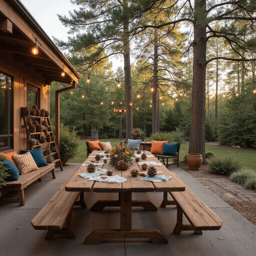 A rustic outdoor patio surrounded by pine trees, featuring a large farmhouse table adorned with natural materials for crafting pine cone owls. Strings of Edison bulbs create a warm glow overhead, while wooden benches and colorful pillows provide comfort. A vintage ladder displays completed owls, with a color scheme of natural wood tones, forest greens, and warm oranges, captured in the golden light of late afternoon.
