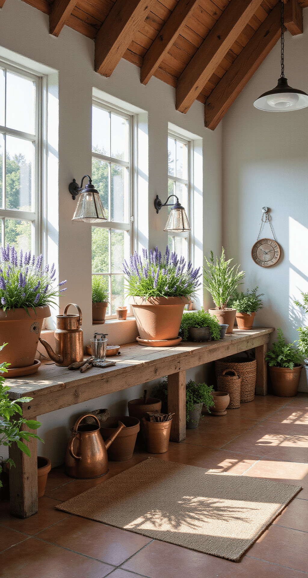 A serene interior garden room featuring a 15'x20' space with a 12' cathedral ceiling and exposed wooden beams, flooded with soft morning light through floor-to-ceiling windows. Oversized terracotta pots of blooming purple and white hostas adorn a vintage wooden potting bench, surrounded by weathered copper watering cans and gardening tools. A natural jute rug lies on the terracotta tile floor, enhancing the organized and inviting atmosphere.