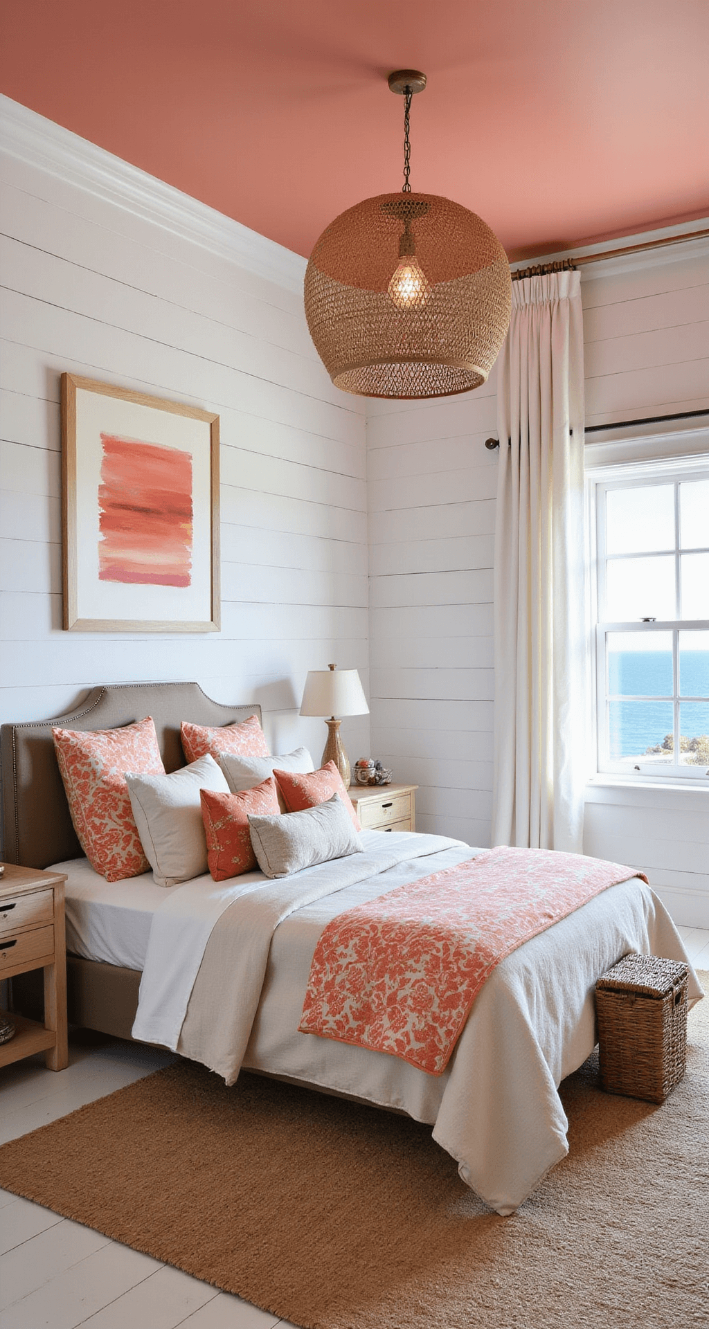 Contemporary coastal bedroom with white shiplap walls, coral pink ceiling, and a queen bed in natural linen. Features orange block-printed duvet, rattan pendant light, seagrass rug, and white curtains. Coral and pink watercolor art on walls and ocean view through picture window. White painted hardwood floors.