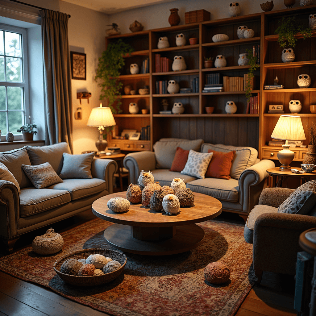 An eclectic living room transformed into a cozy yarn owl crafting space, featuring a circular coffee table surrounded by mismatched seating, overflowing yarn baskets, and half-finished yarn owls, all warmly illuminated by soft lamplight.