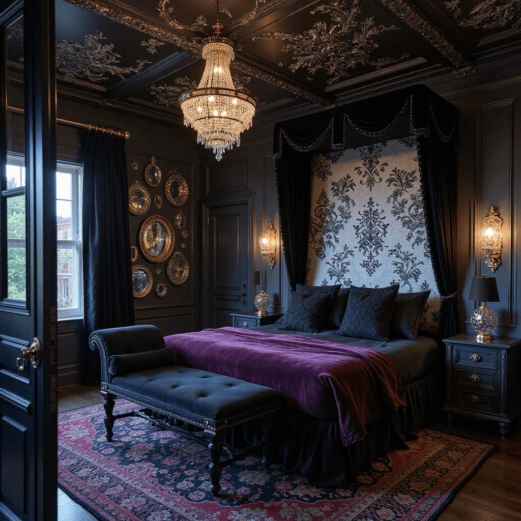 A gothic glam master bedroom featuring midnight black walls, a king-sized bed with deep purple velvet and black silk bedding beneath a black iron canopy, ornate silver mirrors on a gallery wall, and a crystal chandelier casting intricate shadows, all illuminated by warm artificial lighting during blue hour.