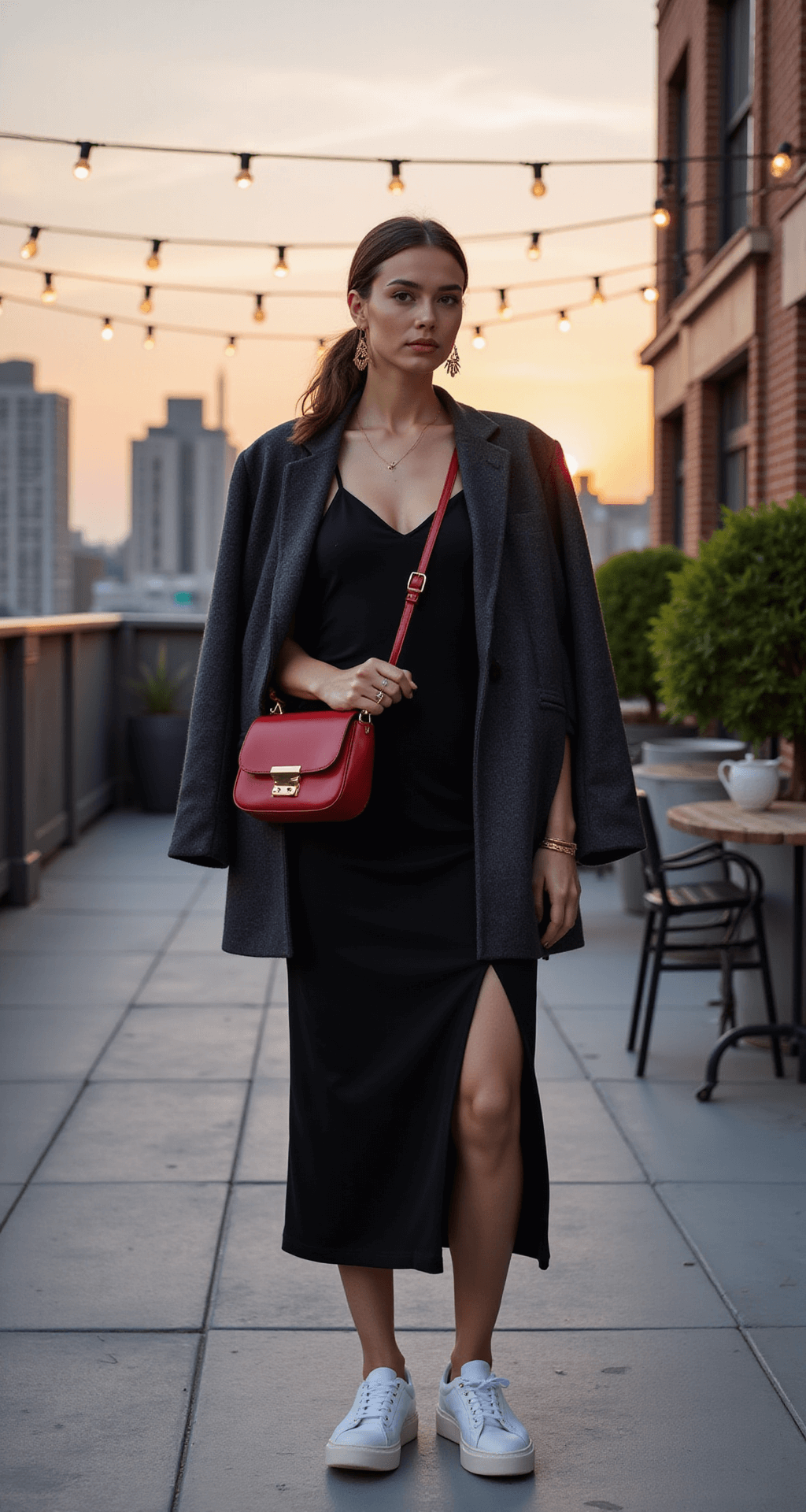 A model in a black slip dress with an oversized charcoal blazer and white leather sneakers poses on an urban rooftop terrace at sunset, string lights overhead and a city skyline in the background. A statement red leather shoulder bag adds a vibrant touch, while her sleek low ponytail and geometric gold earrings enhance the look.