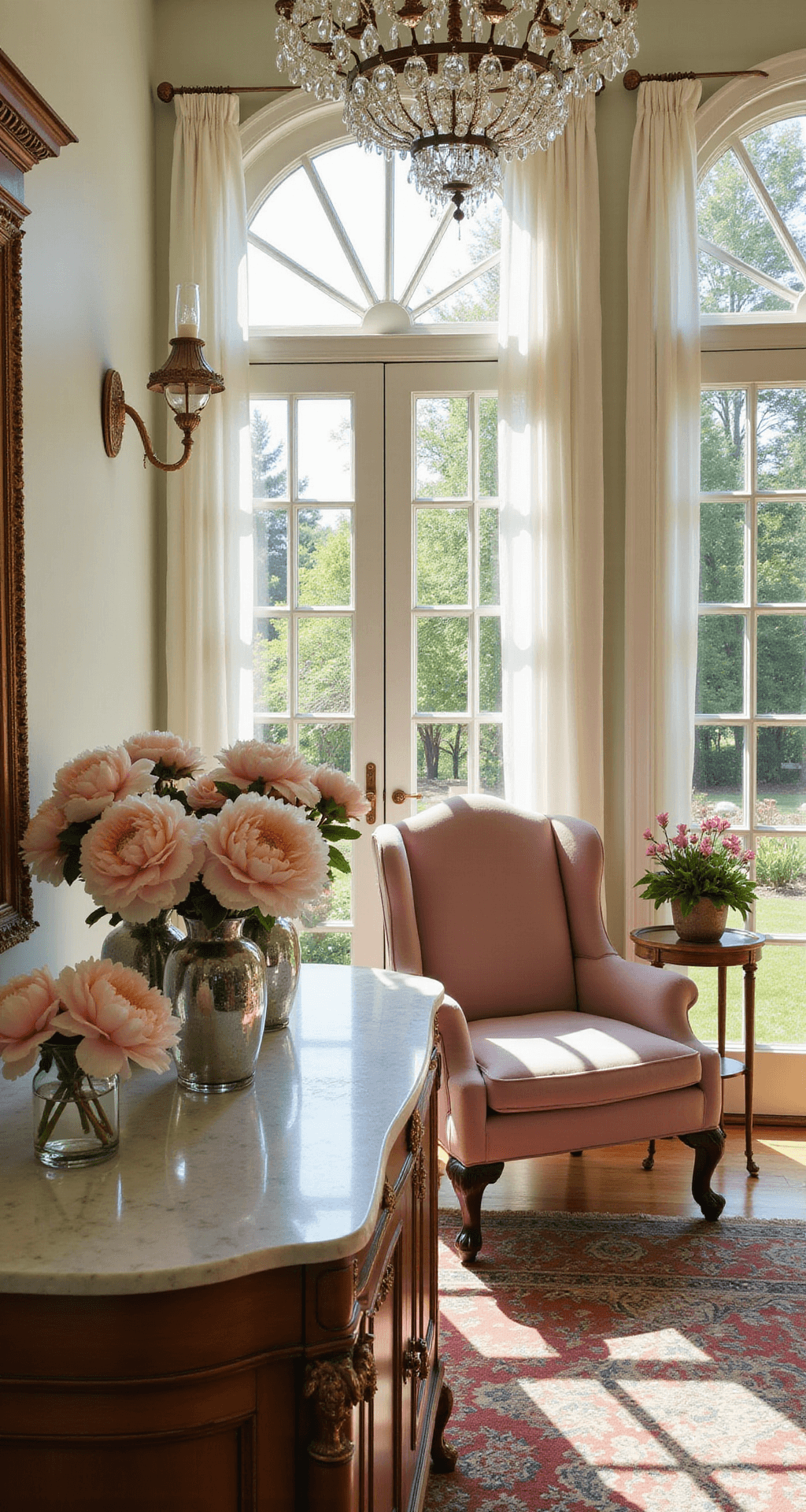 A sun-drenched conservatory adorned with arched windows and French doors, featuring peonies in mercury glass vases on an antique marble-topped console, illuminated by golden hour light. A crystal chandelier casts prismatic reflections overhead, while a dusty rose velvet wingback chair rests next to a brass plant stand, all framed by sheer white curtains in an elegant, romantic Victorian-inspired setting.