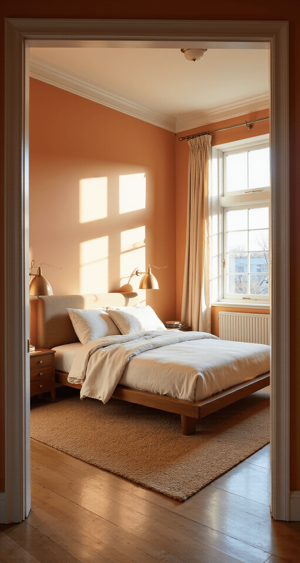 A spacious 15x18ft bedroom with golden hour sunlight streaming through floor-to-ceiling windows, featuring peachskin orange walls, a modern platform bed with ivory linens, brass lamps on walnut nightstands, a cream bouclé accent chair, woven jute rug, and silk curtains, captured from the doorway with a soft depth of field.
