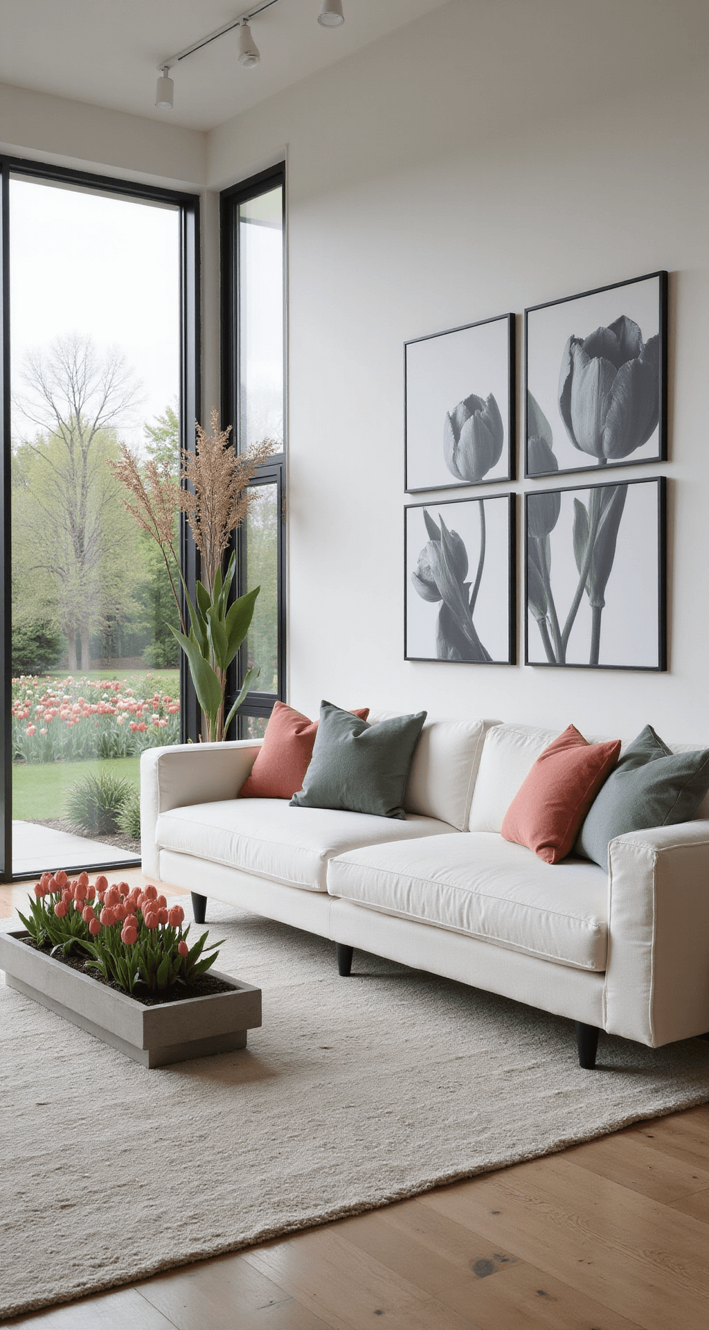 A spacious modern minimalist living room featuring large 15' windows that reveal a vibrant tulip garden. The room includes a clean-lined white sofa with geometric cushions in muted colors, oversized black-and-white botanical prints, and a low-profile concrete planter with live tulips. The space is filled with diffused natural light complemented by modern LED track lighting, capturing a contemporary and sophisticated atmosphere with organic elements.