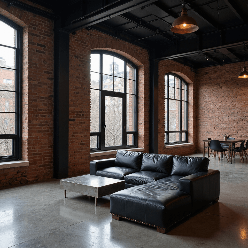 Industrial dark open-concept loft featuring exposed charcoal brick walls, large factory windows, polished concrete floors, a black leather sectional with copper rivets, a raw steel coffee table, and vintage copper pendant lights, captured from an elevated perspective in moody evening lighting.