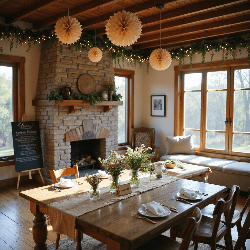 A rustic-themed living room decorated for a party, featuring a farmhouse dining table with mason jar centerpieces, exposed wooden beams, a stone fireplace, and soft lighting from large windows and fairy lights.