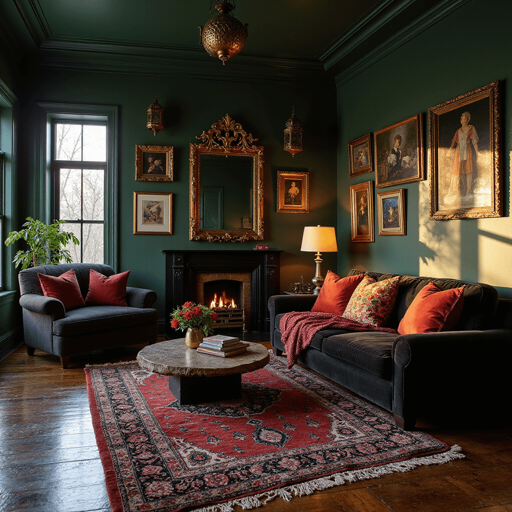 A dark Bohemian living room with deep forest green walls, featuring layered Persian rugs in burgundy and black on dark hardwood floors, an oversized black velvet sofa with jewel-toned pillows, vintage brass mirrors, eclectic art in gold frames, and Moroccan lanterns creating intricate patterns, captured at eye level during golden hour.