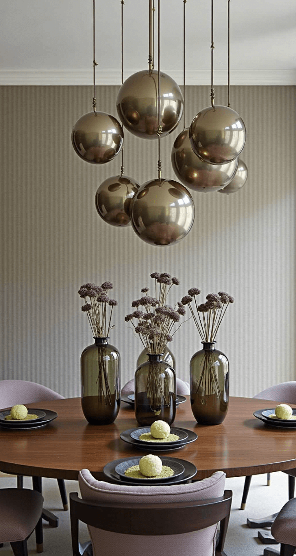 Transitional dining room featuring an oval walnut table set with smoky glass vases of dried allium heads, dramatic allium-inspired pendant lighting with oversized metallic spheres, and textured pewter grasscloth wallpaper, captured from an eye-level angle.