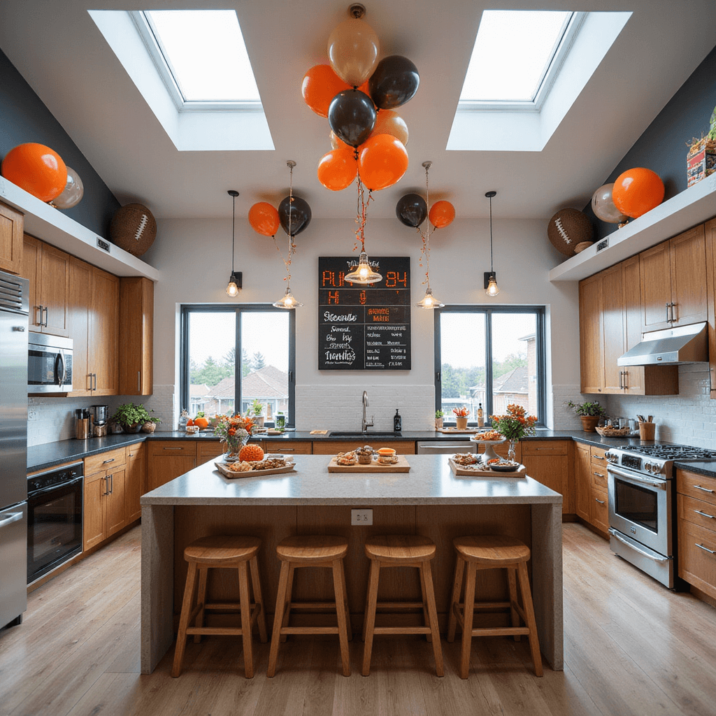 A vibrant, modern kitchen prepared for a sports-themed celebration, featuring a large snack station with themed finger foods, team color decorations, a cardboard scoreboard with LED lights, and balloon bouquets in team colors, all illuminated by bright midday light from skylights.