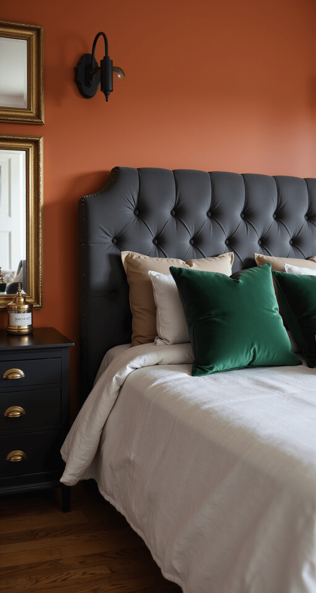Intimate primary bedroom with burnt orange accent wall, tufted charcoal velvet headboard, modern black sconces casting shadows, metallic gold accents, emerald green throw pillows, and rich hardwood floors, captured from a low corner angle.