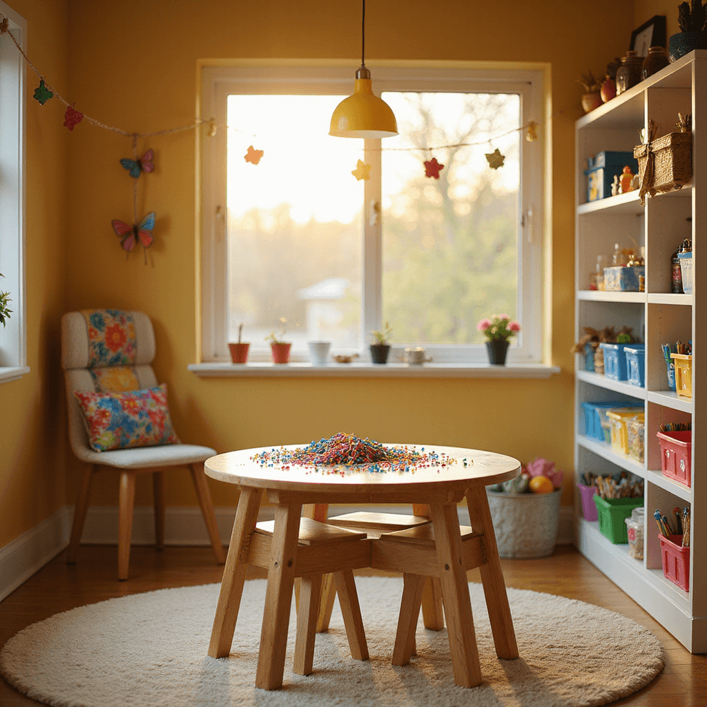 A cozy children's playroom corner with a round activity table filled with colorful pipe cleaners and crystal beads, illuminated by golden hour sunlight. Organized craft supplies in rainbow-colored bins are on white shelves, while bead butterflies hang from twine. A plush cream rug sits beneath the table, complemented by warm yellow walls and kid-height seating, all captured from a child's eye level.