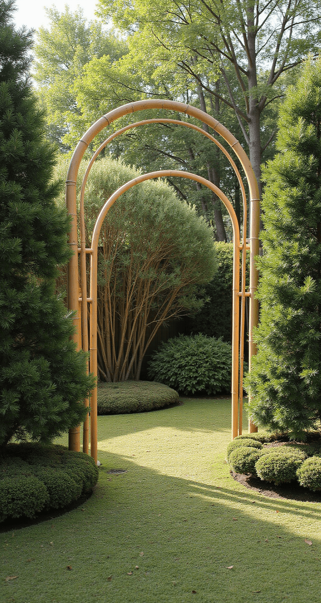 A serene modern Japanese garden featuring an 8-foot curved bamboo archway surrounded by cloud-pruned evergreens and a moss garden, illuminated by early morning side lighting, all captured from ground level to highlight the vertical lines in a Zen minimalist aesthetic.