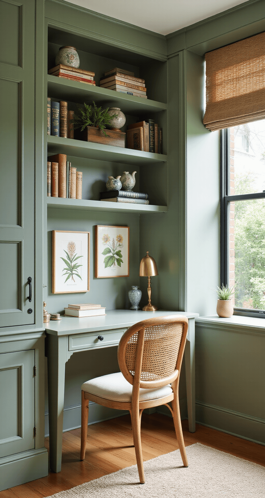 A serene garden-inspired home office featuring sage green built-in bookshelves, a desk under a window with a view of a lily garden, botanical prints in gold frames, a rattan chair with cream cushions, and natural fiber roman shades, all illuminated by natural light and a brass desk lamp.