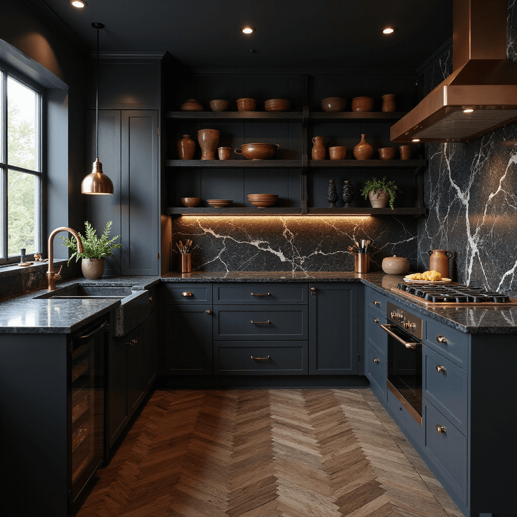 A modern dark kitchen featuring matte black cabinets, veined black marble countertops, and a copper hood, highlighted by aged brass pendant lights. Blackened steel open shelving displays earthy ceramics against dark herringbone wood floors, all illuminated by morning light that enhances reflections and textures.
