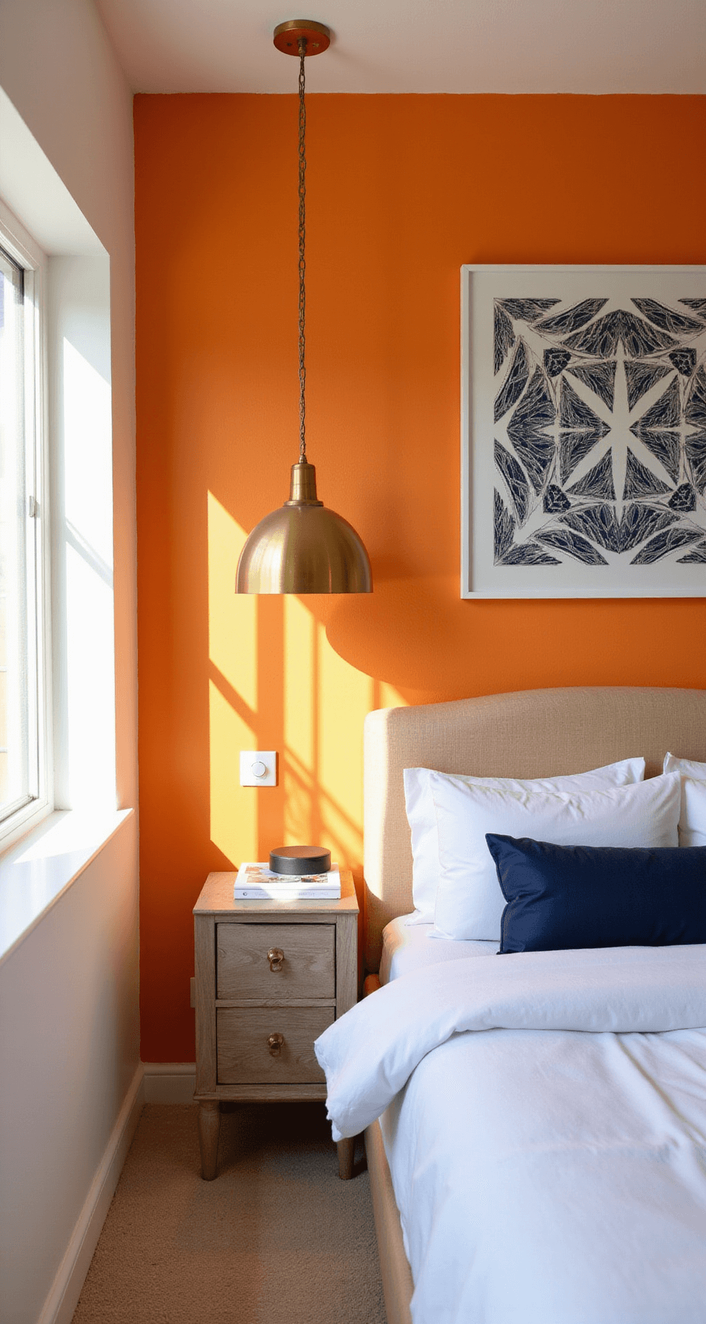 A bright guest bedroom featuring a citrus orange accent wall, white bedding, navy blue accents, contemporary geometric artwork, and brass pendant lights, captured from a corner angle to highlight the spacious design and vibrant colors.