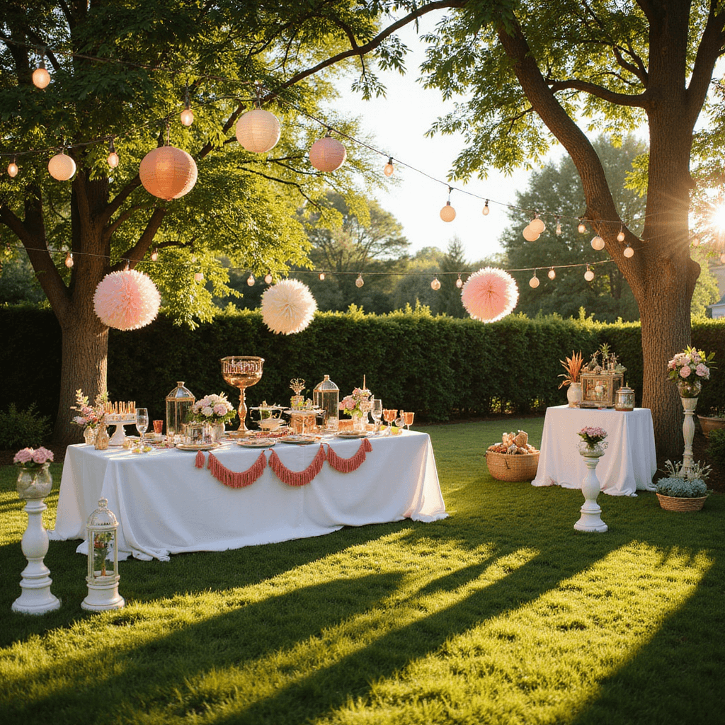 A whimsical backyard birthday party setup featuring a buffet table with a white cloth, colorful yarn bunting, string lights, and lanterns hanging from trees, surrounded by lush green grass illuminated by golden hour sunlight, with DIY balloon stands, pastel tissue paper pom-poms, and a handmade floral photo booth area.